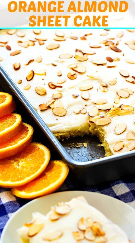 Orange Almond Sheet Cake Almond Sheet Cake Recipe, Almond Sheet Cake, Almond Desserts, Spicy Southern Kitchen, Texas Sheet, Cake Rolls, Texas Sheet Cake, Copycat Starbucks Recipes, Southern Kitchen