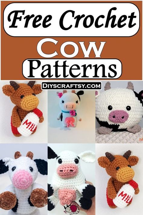 Crochet amigurumi Crochet Squishy Cow Pattern Free, Free Crochet Pattern For Cow, No Sew Crochet Cow Pattern, No Sew Cow Amigurumi, Crochet Cow Coaster, Mini Cow Crochet Pattern Free, Free Crochet Cow Pattern, Mini Cow Crochet Pattern, Crocheted Cows