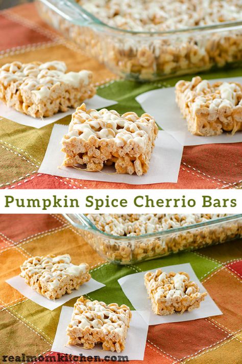 Pumpkin Spice Cherrio Bars | realmomkitchen.com Pumpkin Cheerios, Pumpkin Spice Cheerios, Mom Kitchen, Real Mom, Pumpkin Spice Season, Baked Chips, Rice Krispie Treats, Kitchen Recipes, Rice Krispie Treat