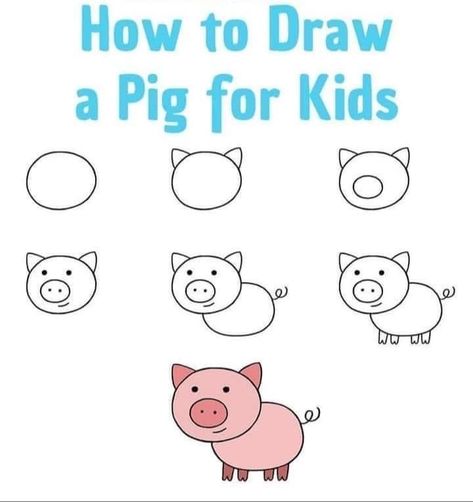 Pig Drawing Easy, Trin For Trin Tegning, Drawing Ideas For Kids, Doodle Art For Beginners, Easy Animal Drawings, Easy Art For Kids, Drawing Lessons For Kids, Drawing Tutorials For Kids, Easy Drawings For Kids