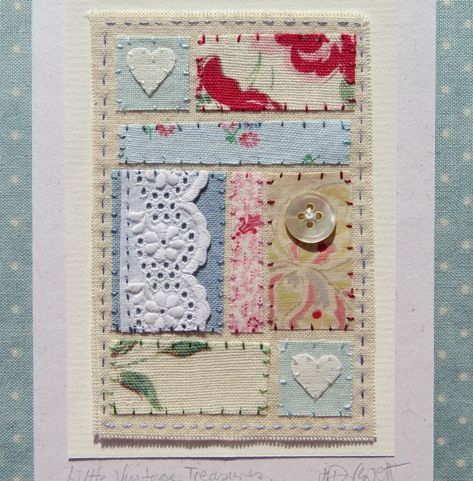 Little Vintage Treasures, hand-stitched miniatu... - Folksy Slow Stitching Textile Art, Applique Hearts, Patchwork Cards, Stitched Cards, Embroidery Cards, Fabric Postcards, Fabric Cards, Framed Embroidery, Fabric Journals