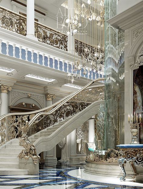 A classic marble balustrade is a timeless addition to any palace interior. Marble balustrades offer both style and functionality, providing a visually appealing guardrail that can also act as a barrier to protect guests from falling. ALTER EGO Project Group is a multi-award-winning design company. The team of professionals work together to deliver best architecture, interior design, project coordination, across borders, to the highest international standards. Interior Marble, Beautiful Palace, Luxury Palace, Gulf Countries, Luxury Staircase, Interior Model, Palace Interior, Jeezy, Home Stairs Design