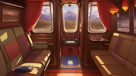 The best way to ride in style from Kotterdam to Roma. Train Interior Drawing, Train Seats Background, Inside Hogwarts Express, Fantasy Train Interior, Fancy Train Interior, Fantasy Train, Train Interior, The Hogwarts Express, Gacha Backgrounds