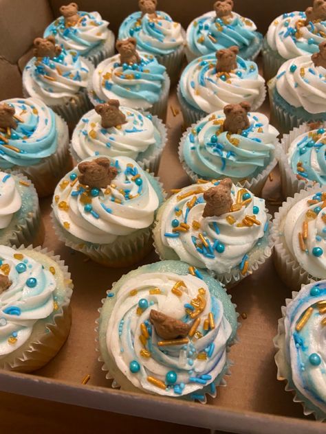 Baby Shower teddy bear cupcakes Teddy Bear Sip And See, We Can Barely Wait Cupcakes, Bear Cupcakes Baby Shower Teddy, Boy Baby Shower Cupcake Ideas, Blue Bear Baby Shower Theme Boy, Cake Bear Baby Boy, We Can Bearly Wait Cupcakes, Teddy Bear Cupcakes Ideas, Blue Teddy Bear Baby Shower Theme