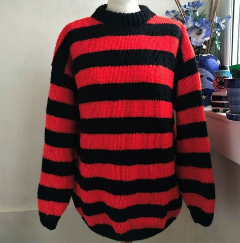 Black And Red Striped Sweater, Red And Black Fits, Rwby Redesigns, Red And Black Striped Sweater, Red And Black Sweater, Red Striped Sweater, Hand Knitted Jumpers, Monster School, School Dr