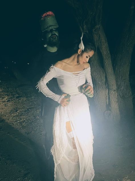 Frankinstine Costume Women, Bride Of Frankenstein Dress Diy, Bride Of Frankenstein Outfit, Frankenstein's Bride Costume, Frankenstein Wife Costume, Modern Bride Of Frankenstein Costume, Doll Couple Costume, Bride Of Frankenstein Costume Diy, Frankinstine And His Bride