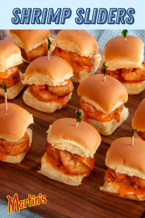 Roasted garlic spicy mayo and fried shrimp on a Martin’s Sweet Party Potato Roll make these sliders an irresistible appetizer for any party. Shrimp Sliders, Shrimp Roll, Party Potatoes, Slider Rolls, Potato Rolls, Garlic Mayo, Potato Roll, Sweet Party, Spicy Mayo