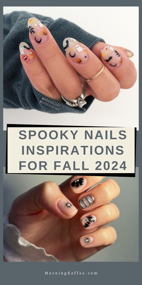 Go check the post to see the full inspo for the 50 spooky nail ideas. #halloweennails #halloween2024 #nailideasforhalloween #halloweek #halloweenparty Halloween Nail Stamping, Nail Designs For October, Adult Boo Basket, Iconic Duos Costume, Spooky Nail Ideas, Duos Costume, Spooky Nail Designs, Vintage Nail Art, Spooky Nail