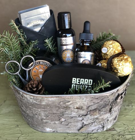 Shaving Gift Basket For Men, Male Gift Basket, Barber Gift Ideas, Raffle Gift Basket Ideas, Auction Gift Basket Ideas, Barber Gifts, Beard Gifts, Care Basket, Raffle Basket