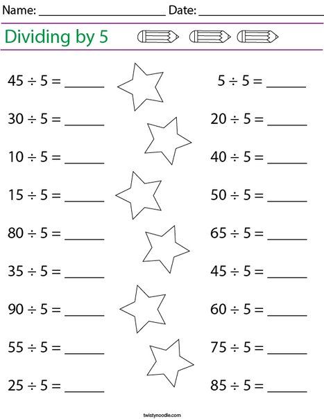 Dividing by 5 Math Worksheet - Twisty Noodle Divided By Math, 2nd Grade Division Worksheets, Math For 5th Graders, Grade 2 Math Worksheets, Seventh Grade Math, Math English, Division Games, Maths Paper, 4th Grade Math Worksheets