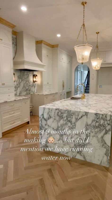 Quartz Island Countertop, Arabescato Vagli, Marble Kitchen Countertops, Quartz Island, Chrissy Marie, White Oak Kitchen, Waterfall Island, Marble Countertops Kitchen, Marble Island