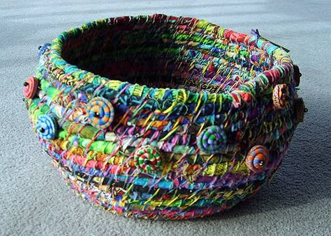 Fabric Bowl, Rope Bowls, Coiled Fabric Basket, Rope Baskets, Coiled Baskets, Painted Fabric, Fabric Bowls, Rope Basket, Fibre Art