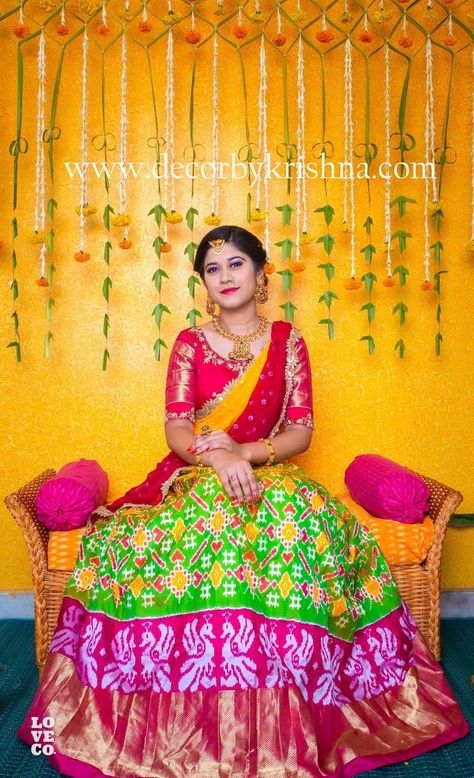 Lehangas Designs, Half Saree Function, Kalamkari Dresses, Ikkat Dresses, Lehenga Saree Design, Half Saree Lehenga, Wedding Saree Blouse, Half Sarees, Wedding Saree Blouse Designs