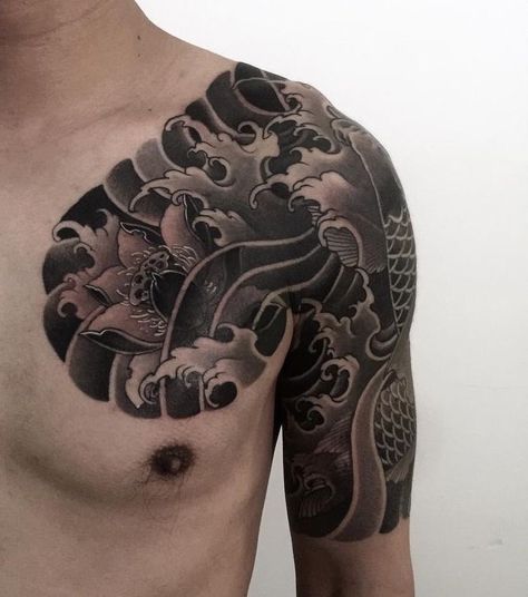 Asian Tattoo Sleeve, Zee Tattoo, Top Of Shoulder Tattoo, Dragon Tattoo Shoulder, Japanese Tattoos For Men, Koi Tattoo Design, Black Art Tattoo, Tattoo Maker, Dragon Sleeve Tattoos