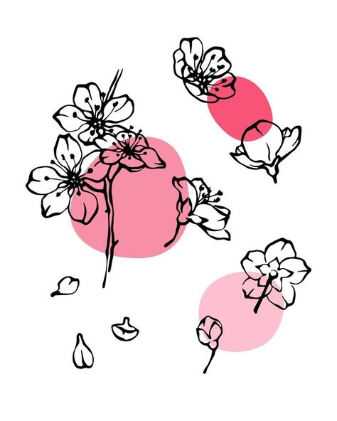 Cherry blossom black and white line art with abstrat pink color spots, sakura vector illustration Japanese Cherry Blossom Illustration, Cherry Blossom Flowers Drawing, Cherry Blossom Graphic Design, Cherry Blossom Graphic, Sakura Blossoms Aesthetic, Cherry Art Aesthetic, Tokyo Moodboard, Sakura Flower Drawing, Cherry Blossom Line Art