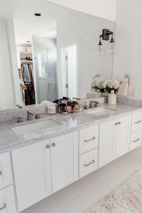 #storage #bathroomideas Bathroom Sink Makeup Organization, Restroom Counter Organization, Organize Makeup In Bathroom Counter, Bathroom Counter Organization Double Sink, Bathroom Counter Organization Clutter Master Bath, Double Sink Bathroom Organization Ideas, Bathroom Counter Organization Makeup, Bathroom Decor 2 Sinks, Makeup Counter Organization