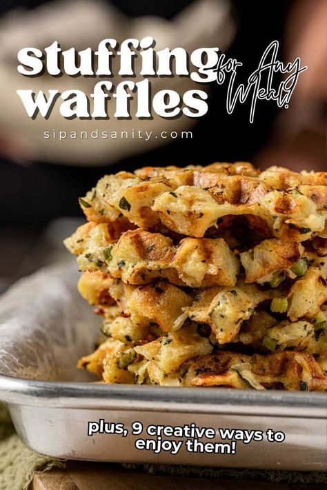 Craving Thanksgiving flavors year-round? These Stuffing Waffles are your answer! Crispy, herby, and perfect for any meal. Learn how to make, store, and serve these versatile waffles. Waffle Stuffing Recipe, Thanksgiving Leftover Waffles, Stuffing Waffles Thanksgiving, Stuffing Waffles Recipe, Waffle Recipe Savory, Dressing Waffles, Thanksgiving Waffles, Leftover Stuffing Waffles, Stuffing Waffles