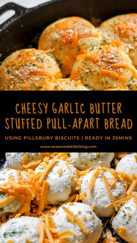 Garlic Bread Bites With Biscuits, Garlic Cheese Bread Pull Apart, Cheese Stuffed Biscuits Garlic Butter, Pillsbury Biscuit Pull Apart Bread, Cheesy Garlic Pull Apart Bread Biscuits, Pillsbury Country Biscuit Recipes, Recipes Using Biscuits, Pull Apart Cheesy Bread, Cheesy Garlic Pull Apart Bread