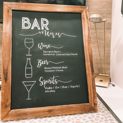 Chalkboard Drink Sign, Wedding Bar Sign Chalkboard, Chalkboard Bar Menu Signs, Drinks Chalkboard Sign, Bridesmaid 2023, Menu On Chalkboard, Bar Menu Chalkboard, Bar Chalkboard Sign, Bar Chalkboard Ideas