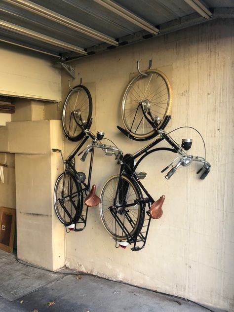 Bike Hanging Ideas Garage, Bike Storage Balcony, Bicycle Design Paint, Small Garage Storage, Bicycle Hanger, Bike Storage Garage, Bike Hooks, Range Velo, Bike Wall Mount