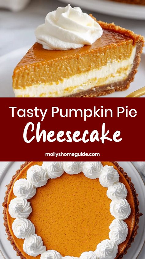 Indulge in the ultimate fall dessert with our delectable pumpkin pie cheesecake recipe. This decadent treat combines the rich, spiced flavors of classic pumpkin pie with the creamy indulgence of cheesecake. The perfect dessert to impress your guests or satisfy your own sweet tooth cravings. Easy to make and guaranteed to be a hit at any gathering - give this pumpkin pie cheesecake a try and elevate your dessert game this season! Pumpkin And Cheesecake Pie, Pumpkin Pie With Cheesecake Layer, Thanksgiving Pumpkin Cheesecake, Pumpkin Pie Made With Condensed Milk, Easy Pumpkin Pie Cheesecake Recipe, Layered Pumpkin Pie Cheesecake, Cream Cheese Pumpkin Pie Recipe, Pumpkin Cheesecake Desserts Easy, Pumpkin Pie Tiramisu