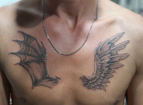 Devil And Angel Shoulder Tattoo, Angel Demon Wings Tattoo, Angel Devil Wings Tattoo, Angel And Devil Wings Tattoo, Angel And Demon Wings Tattoo, Angle And Devil Tattoos, Demon Wings Tattoo, Angel Wings Tattoo Shoulder, Devil Wings Tattoo