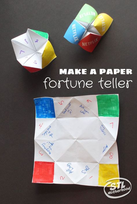 It's a blast from the past! Show your kid's a fun activity from your childhood with these paper fortune tellers...it's DIY fun! Blast From The Past Crafts, Decades Crafts, 80s Crafts, Paper Fortune Teller, Fortune Teller Game, Origami Fortune Teller, Candy Train, Fortune Teller Paper, Finger Games