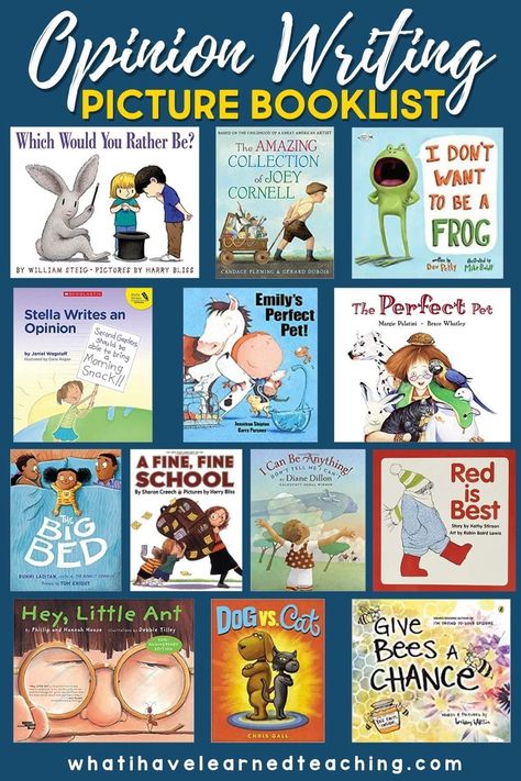 Do you teach opinion writing in your classroom? Here is a list of 19 books that you can use to introduce opinion writing, teach students to write an opinion statement or even learn to supply reasons when writing opinions. The books range from primary grades through upper grades and give students a fun opportunity to engage with a variety of ways of writing opinions. Opinion Writing Mentor Text, Opinion Writing Topics, Teaching Opinion Writing, Writing Mentor Texts, Writing Picture Books, Personal Essay, 3rd Grade Writing, 2nd Grade Writing, Writing Pictures