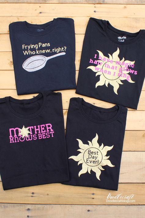 Disney's Tangled Shirts, perfect for a trip to Disneyland!  #cricutmade Tangled Clothes, Rapunzel Birthday Shirt Ideas, Mother Knows Best Tangled, Tangled Shirt Ideas, Tangled Couple Shirts, Tangled Shirt, Rapunzel Family Birthday Shirts, Done Adulting Disney Shirt, Tangled Shirts Disney