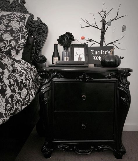 Goth Bedside Table, Goth Nightstand, Gothic Bed Frame, Witchy Products, Gothic Vanity, Nightstand Aesthetic, Angus Scotland, Gothic Homes, Goth House