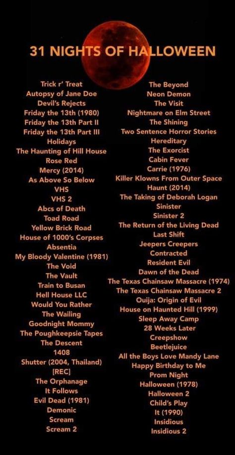 31 Horror Movies For Halloween, Scary Movie Marathon List, October Movie List 31 Days Scary, Spooktober Movie List, Fall Horror Movies, 2000 Horror Movies, 30 Days Of Horror Movies, Horror Movie Watch List, Spooky Movies List