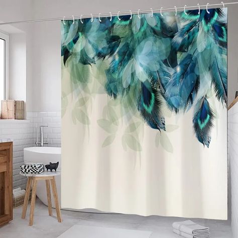 Peacock Feather Pattern Shower Curtain Set Waterproof Bath - Temu Teal And Grey Bathroom, Peacock Feather Pattern, Turquoise Home Decor, Green Shower Curtains, Cool Shower Curtains, Spa Shower, Grey Bathroom, Floral Shower Curtains, Beautiful Curtains