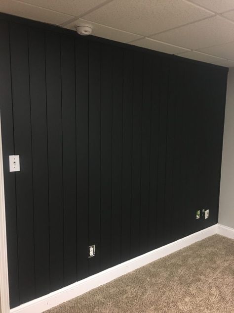 Shiplap Gym Wall, Black Vertical Shiplap Bedroom, Dark Vertical Shiplap Wall, Black Panels Wall, Charcoal Vertical Shiplap, Black Stained Shiplap, Black Accent Wall With Gray Walls, Black Vertical Shiplap Wall, Shiplap Backpack Wall