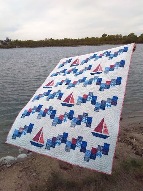 Sailing School quilt by Canuck Quilter Designs Sailboat Quilt Pattern Free, Sailboat Quilts, Sailboat Baby Quilt, Whimsical Quilts, Fish Quilts, Sailboat Quilt, Nautical Baby Quilt, Boat Quilt, Nautical Quilt