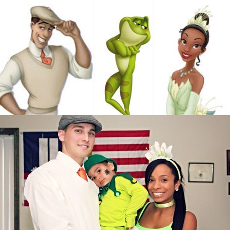 Our costumes ! The princess and the frog DIY! Tiana Halloween Costume Family, Princess And The Frog Family Costume, Princess And The Frog Halloween Costumes, Frog Diy, Adult Costumes Diy, Tiana Costume, Frog Costume, Princess And The Frog, Princess Tiana