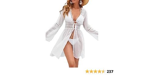 AOLRO Women Cover Ups Swimwear Sexy Swiss Dot Chiffon Swimsuit Coverup Long Bell Sleeve Bikini Summer Beach Cover Up Cardigan at Amazon Women’s Clothing store Bohemian Robes, Bohemian Kimono, White Bohemian, Embroidered Midi Dress, Bathing Suit Cover Up, Women's Cover Up, Women's Swimwear, Boho Casual, Cover Up Dress