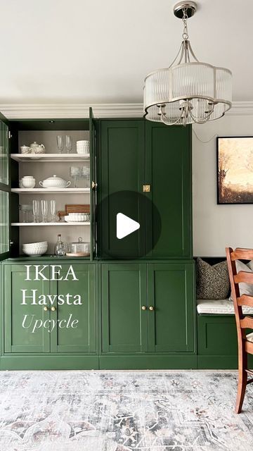 Maxine | Home ~ Interiors ~ DIY ~ Upcycling on Instagram: "Ikea Havsta project ~ it’s not quite finished up close but enough from this view 🤗. I’m in love with this green for so many reasons - the way it changes through the day, the way it balances with the grey kitchen, the way it compliments the greenery of the garden… I could go on.   Even more pleased with the fact that all of these @ikeauk Havsta units were second hand - so it’s a double green ♻️💚. Secondhand marketplaces are your friend for pre-loved (and sometimes even still in the box!) ikea furniture. The journey of this project also led me to their Circular Hub where you can get reduced price stuff directly from Ikea!!   I’m convinced this upcycle needs cornice around the top but I’m not sure I can look at a paintbrush again fo Ikea Hauga Kitchen, Ikea Hauga Hack, Havsta Ikea Hacks, Ikea Havsta Built In Hack, Havsta Ikea Ideas, Havsta Ikea, Ikea Upcycling, Ikea Havsta, Diy Upcycling