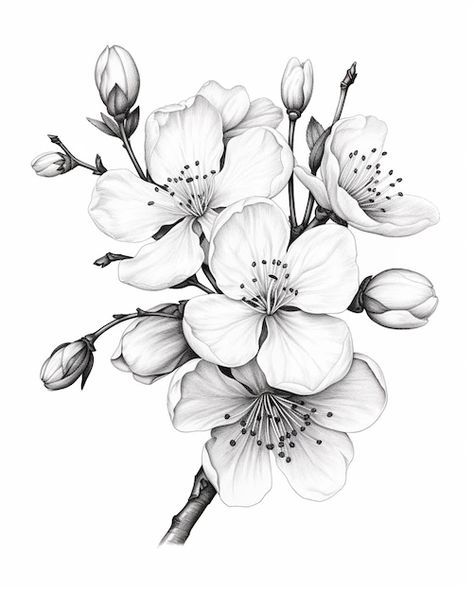 Flower Sketches Free Printable, Fine Line Cherry Blossom Tattoo Design, Flower Pencil Drawings Sketches, Tattoo Reference Ideas, Flower Sketches Pencil Shading, Little Flowers Drawing, Flower Pencil Drawings, Artistic Tattoo Ideas, Flower Sketch Pencil