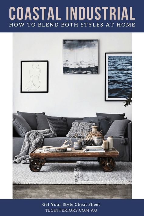 How to Mix Coastal and Industrial Interior Design - TLC Interiors Coastal Living Rooms Sofas, Farmhouse Coastal Living Room, Slip Cover Sofa, Industrial Coastal, Coastal Living Room Furniture, Coastal Industrial, Industrial Living Room, Design Café, Coastal Interiors Design