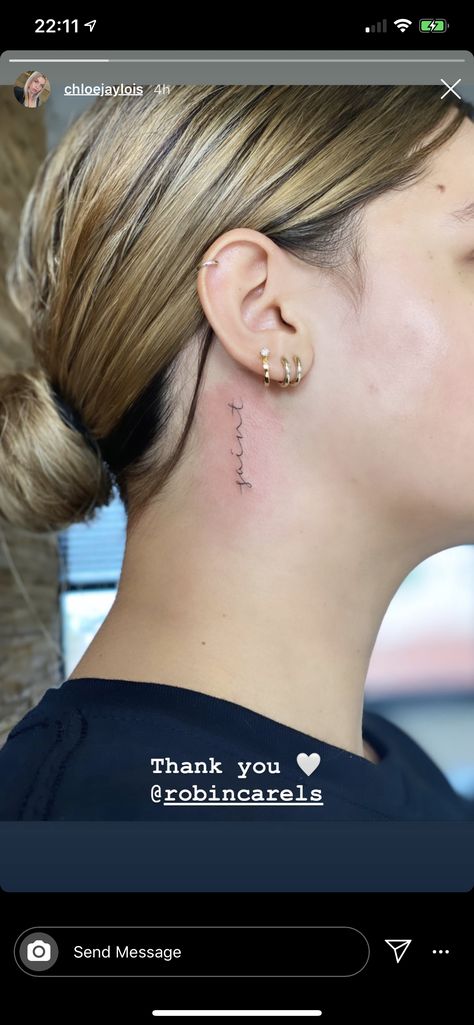 Behind Left Ear Tattoo, Behind Ear Vertical Tattoo, Cursive Ear Tattoo, Behind The Ear Writing Tattoo, Resilience Tattoo Behind Ear, Small Dainty Tattoos Behind Ear, Tattoo Placement Behind Ear, Tattoos Behind The Ear Meaningful Words, Vertical Behind Ear Tattoo