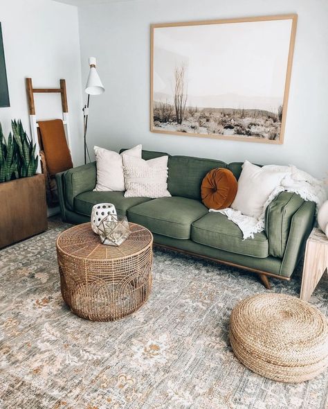 Loloi Rugs on Instagram: “The mix always beats the match. Well done, @boneill_athome. (Rug: Rosemarie in Stone / Multi, designed in collaboration with…” Green Therapy Office, Cozy Condo, Green Couch, Therapy Office, Green Sofa, Modern Sofas, Modern Mountain, Living Room Inspo, Living Room Inspiration