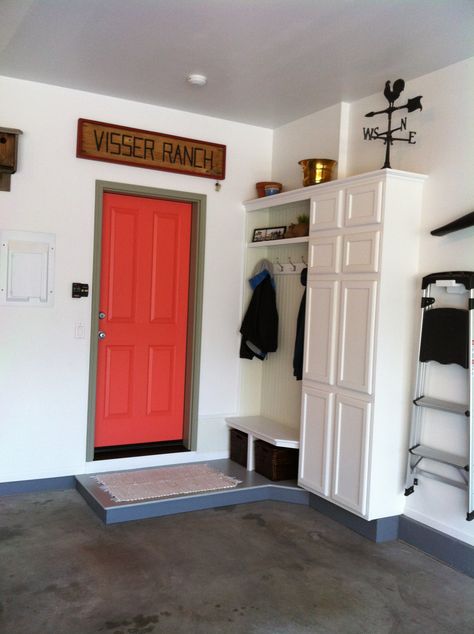 Garage Door Entrance To House, Mud Space In Garage, Garage Door Entryway Ideas, Interior Door To Garage Entrance, Small Garage Entryway, Garage Door Entry Ideas Inside, Garage Entry Door To House, Garage Entry To House, Kitchen With Garage Door Entry