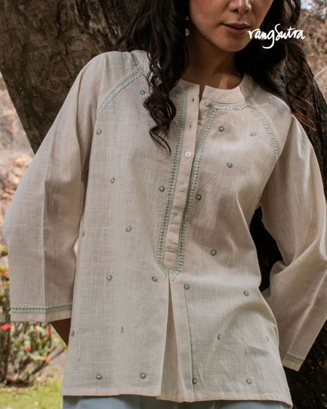 Stay comfortable and stylish all season long with our latest collection Avani. Adorned with delicate hand-embroidered chikankari, these outfits are perfect for the sweltering summer, offering a breathable and comfortable style for the college-going teen, the working professional, or the woman on the go. Shop for the collection now on www.rangsutra.com . . . #newcollection #newlaunch #chikankari #handembroidery #chikankariembroidery #chikankariwork #indiancraftsmanship #indiancrafts #crafts... Chikankari Shirt For Women, Working Professional, Kurti Patterns, Trendy Tops For Women, Embroidery Neck Designs, Indian Crafts, Shirt Embroidery, New Launch, Cotton Blouses