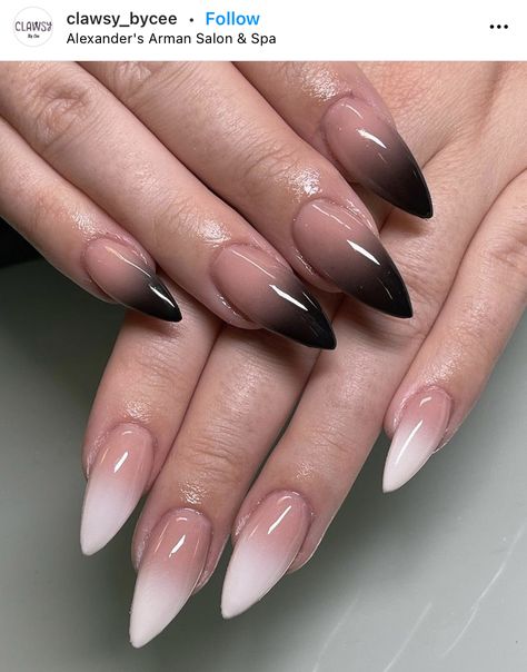 Black Ombre Manicure, White Black Ombre Nails, Ombre Black Nail Designs, Baby Boomer Nero, Ombre With French Tip, Nude Black Ombre Nails, Black Ombre French Tip Nails, Black Ombre Nails Almond, Dark Angel Nails