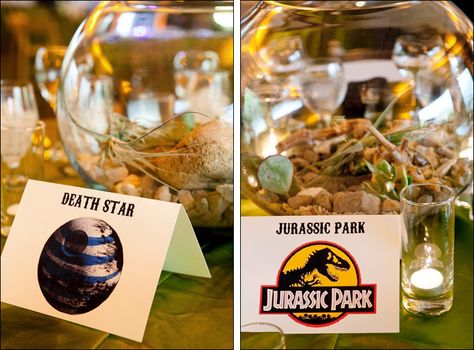 Nerdy table names og movies, games, etc. we like. Nerdy Centerpieces, Matt Miller, Dinosaur Wedding, Movie Wedding, Marriage Officiant, Nerd Wedding, Glass Fish Bowl, Geeky Wedding, Nerdy Wedding