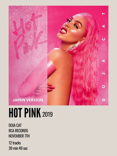 minimal aesthetic polaroid album poster for hot pink by doja cat with the japan version cover Doja Cat Hot Pink Album Cover, Doja Cat Hot Pink Era, Hot Pink Album Cover, Doja Cat Album Cover, Hot Pink Doja Cat, Pink Doja Cat, Funky Posters, Polaroid Album, Aesthetic Polaroid