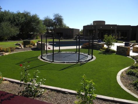 backyard sunken trampoline | Sunken Trampoline in turf with netting | Backyard gym | Pinterest ... Sunken Trampoline, Backyard Gym, In Ground Trampoline, Artificial Grass Installation, Backyard Trampoline, Artificial Plants Indoor, Artificial Lawn, Artificial Plants Outdoor, Backyard Playground