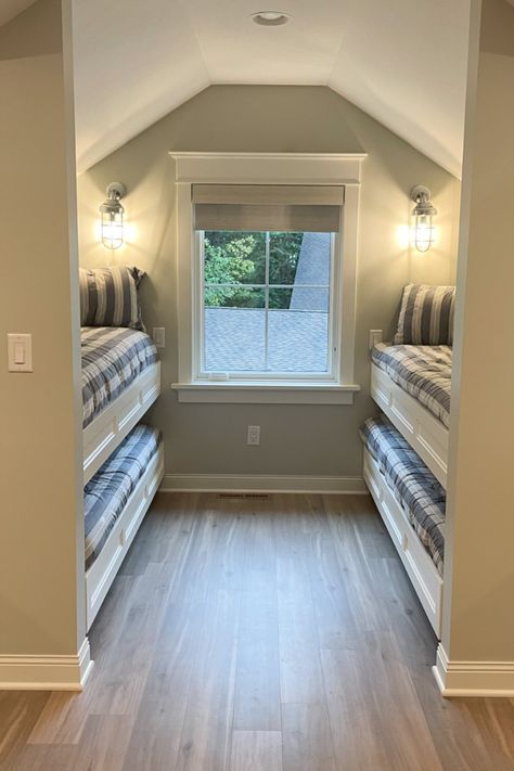 Nautical Bunk Room - Katie Kottke Interiors Bonus Room With Daybed, Built In Bunks Slanted Ceiling, Bunk Room Bathroom, Bunk Room Over Garage, Bunk Room Above Garage, Bonus Room Sleeping Ideas, Built In Full Bed, Attic Bunk Beds, Bonus Room Guest Suite