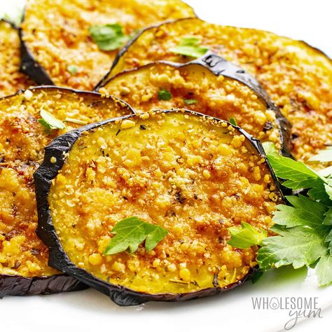 Air Fryer Eggplant Recipe (Easy & Crispy!) | Wholesome Yum Egg Plant Parm Air Fryer Recipes, Brinjal Recipes Air Fryer, Recipes For Air Fryer, Air Fryer Eggplant, Roasted Eggplant Recipes, Easy Eggplant, Eggplant Recipes Easy, Keto Sides, Eggplant Recipe