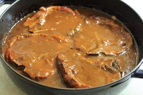 Simmered Pork Chops, Pork Chops In Brown Gravy, Pork Chops With Brown Gravy, Pork Chop And Gravy Recipes, Pork Chops And Gravy Oven, Southern Smothered Pork Chops Soul Food, Pork Chops Brown Gravy, Baked Pork Chops And Gravy, Pork Chop Gravy From Drippings